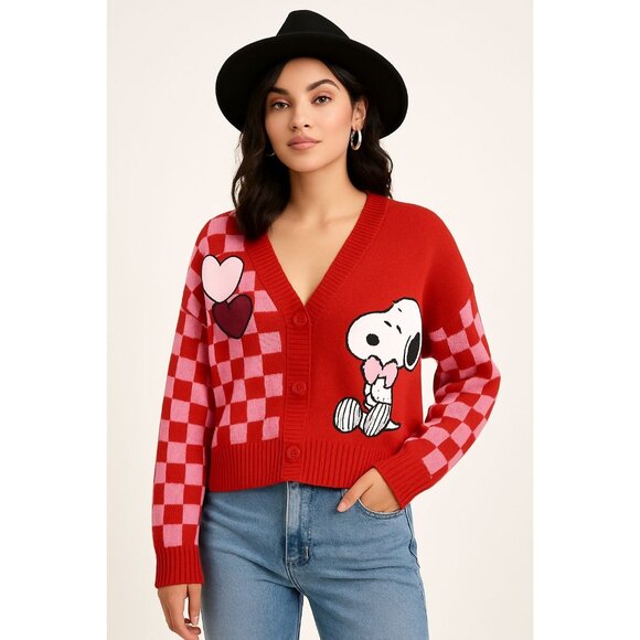 Peanuts Sweaters - Peanuts Snoopy Valentine's Day Cardigan Sweater V-Neck XTRA-LARGE Red Checker